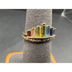 Vintage Sterling Silver 925 Rainbow Colorful Baguette Gemstone Crown Ring Size 6